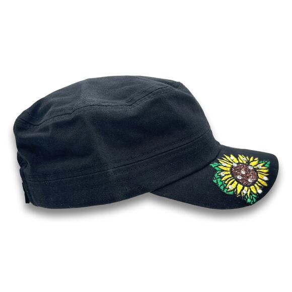 Sunflower Graphic Cadet Hat Rhinestone Round Top BDU Baseball Castro Cap - Picture 5 of 6